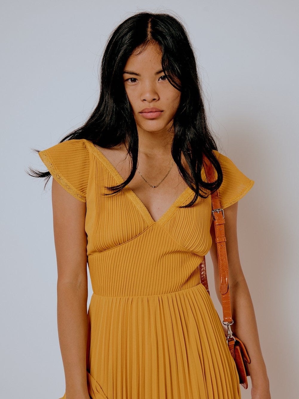 Women's Mustard Yellow Pleated V-Neck Dress
